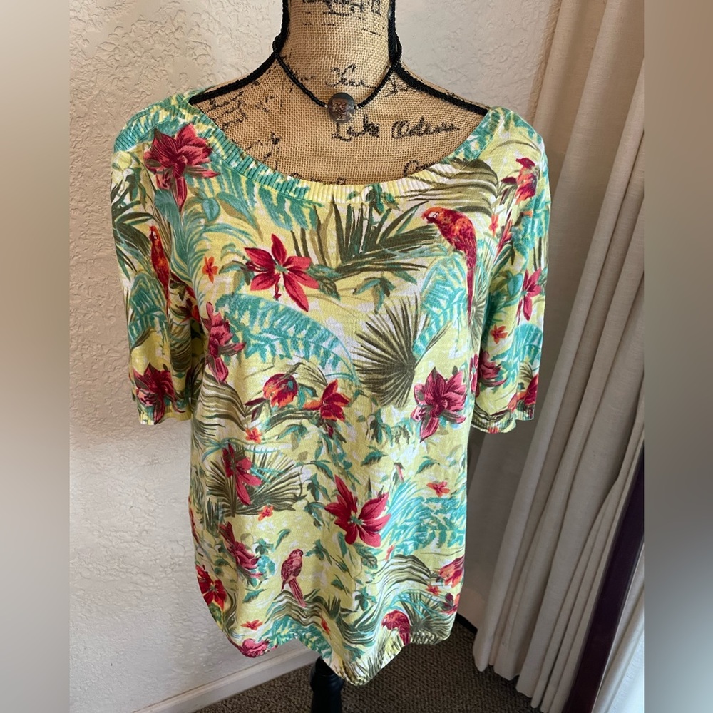 Tropical Floral Scoop Neck Women’s Sweater - Yellow with Pink Floral
